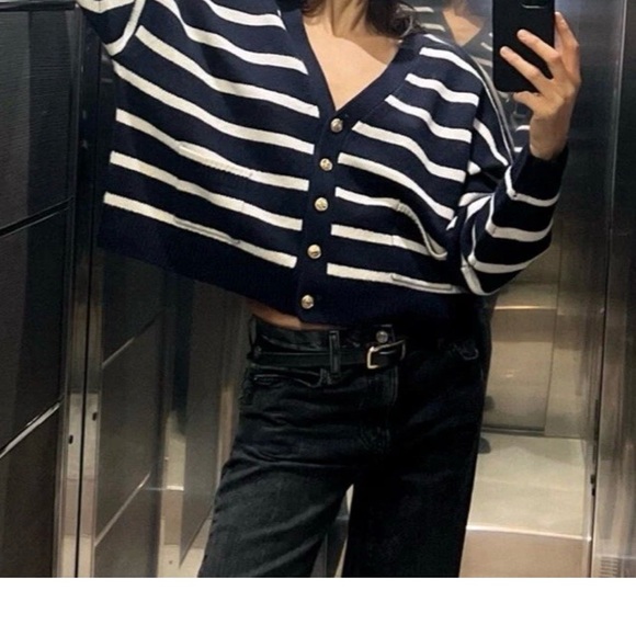 Zara wool Navy and White Striped Women's Sweater - Picture 5 of 8